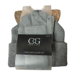 CG New York 2 Piece Gray Rose Gold Rhinestones Hat & Glove Set Cat Ears One Size